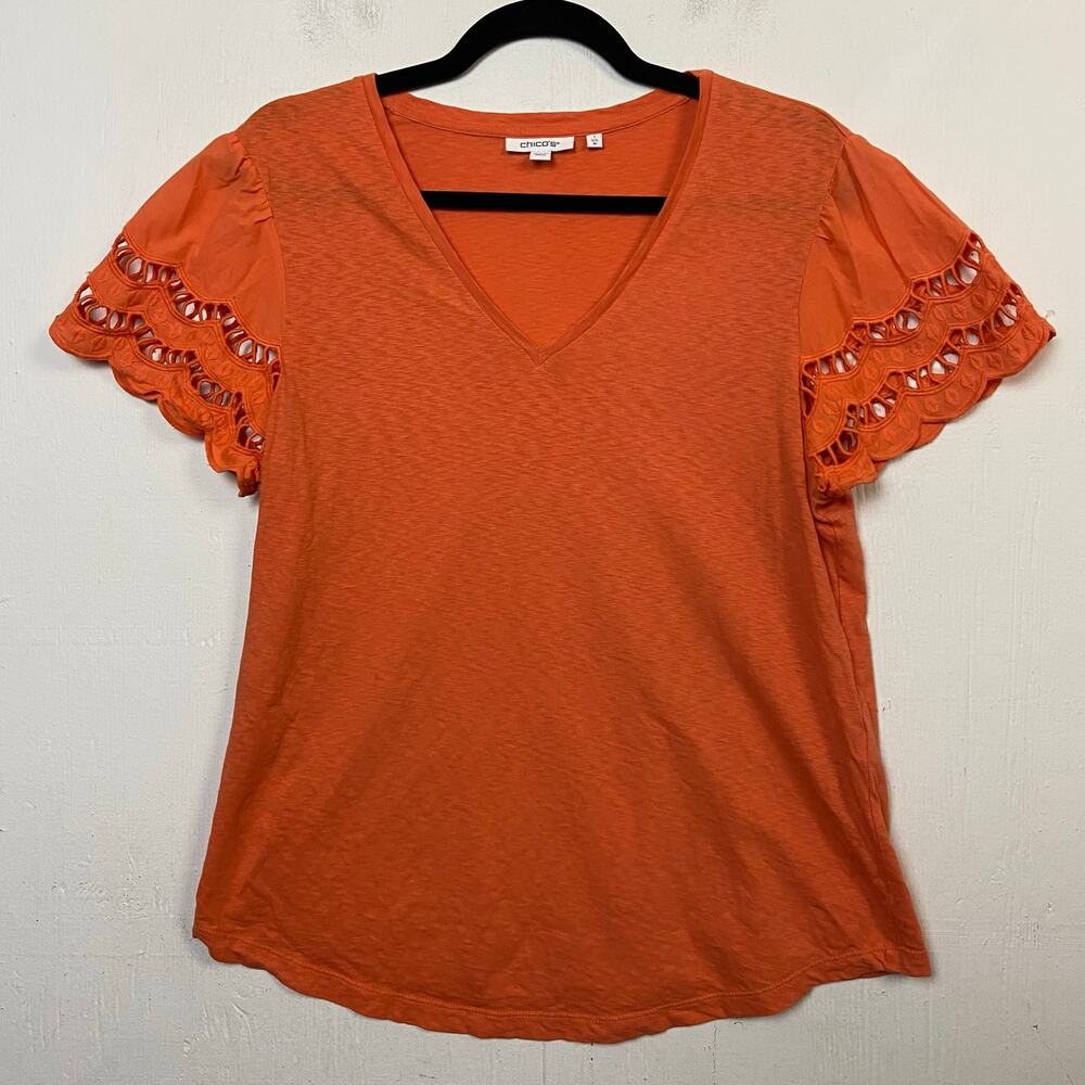 Chico’s Women's Orange V-Neck Short Lace Panel Sleeve T-shirt Top Size Medium